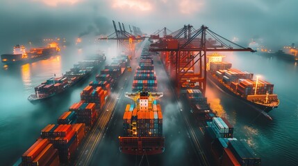 A large number of cargo ships are docked at a port