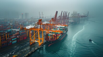 Obraz premium A large ship is docked at a port with several other ships in the background