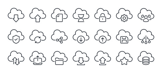 Obraz premium Cloud computing and storage editable stroke outline icons set isolated on white background flat vector illustration. Pixel perfect. 64 x 64.