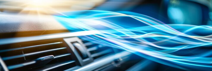 Close up of car air conditioning vent with smooth blue air streams in well lit setting