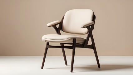 Obraz premium Beige color chair mockup isolated on a beige color theme background, wooden chair on a white background