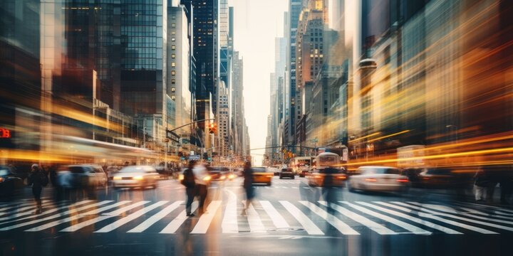 Busy street scene with crowds of Blurred people walking across an intersection in New York City. Blurred people walking
