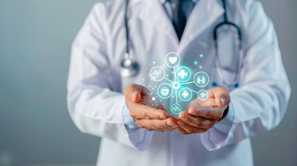 Male doctor holds holographic display of healthcare icons closeup image. Modern medical services and technology close up photography. Digital transformation concept photo realistic