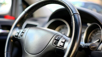 Sleek black leather steering wheel with elegant silver gear shift paddle in close up view