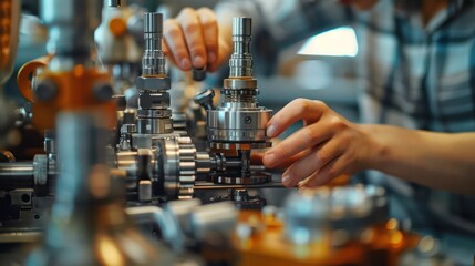 A person is working on a machine with a hand on a gear
