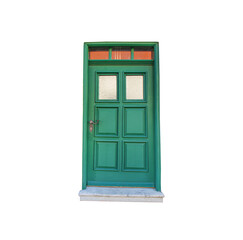 Wooden green door on white background, door with stone stairs and piers
