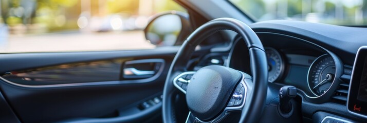 Elegant black leather steering wheel with silver paddle on chrome and white dashboard