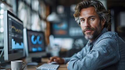 Obraz premium A photographic style of a financial analyst working in a sleek, modern office, minimalist design, natural light from large windows, analytical expression, coffee cup on the desk, financial reports on 