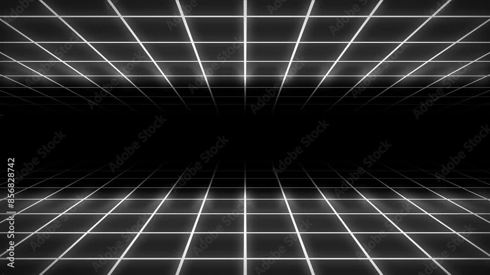 Wall mural neon grid 3d animation tunnel portal lighting glowing bright lines background seamless loop illusion