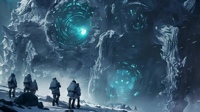 Explorers approach a glowing ice portal in a vast landscape on an unknown planet