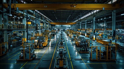 A large industrial building with many machines and workers