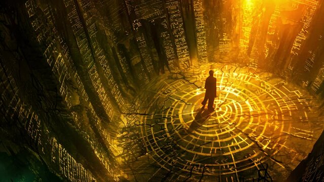 Solitary figure stands within an illuminated, intricate glyph in an ancient library