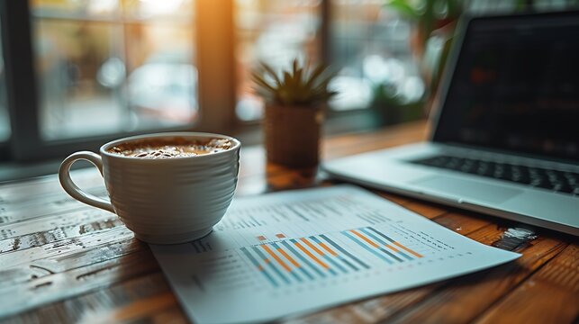 A photographic style of a financial analyst working on financial reports with a cup of coffee nearby, minimalist modern office, natural light from large windows, analytical expression, coffee cup on t