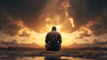 a man sitting on the ground looking at lightning