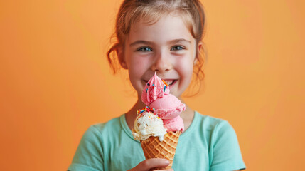 Happy Girl with Ice Cream Cone. A joyful young girl presents a large ice cream cone with multiple scoops and colorful sprinkles, set against a vibrant orange background.