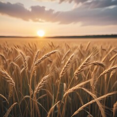 Naklejka premium Ears of golden wheat close up. Beautiful nature sunset field background. Rural scenery of meadow. Generative Ai.