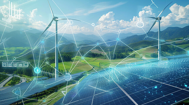 The digital computer display showed a grid of blue digital lines and green icons on it. In the background was an electric power station surrounded by solar panels