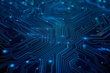Obraz premium Thin circuit trace lines in blue on a dark technology background. Abstract digital tech bg. Electronics and computer technology concept. Chip and circuit board. Vector illustration. Chip connectors.