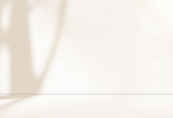 Empty cream brown beige room studio with shadow of tree for product presentation. Autumn background. Summer tropical backdrop. Cosmetic showroom.	