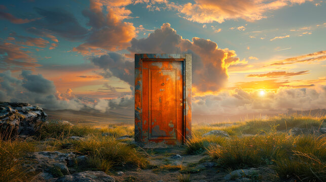Surreal Landscape with Rusty Door at Sunset. An old rusty door stands in a surreal landscape with a stunning sunset and dramatic clouds. The vibrant colors create mysterious and enchanting atmosphere.