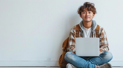 Positive korean man student with laptop image copy space. E learning program banner background blurred. Asian male with messy hair watching online lesson concept photography copyspace