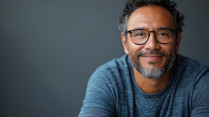 Mature arab man with glasses image copy space. Positive emotions expression. Middle aged male with grey beard banner background grey. Smart aging concept photography copyspace