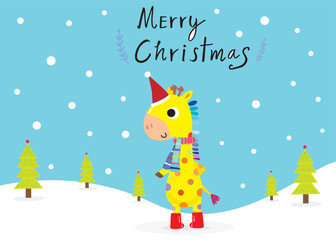 Fototapeta premium Cute giraffe hand drawn Doodle Vector in christmas day