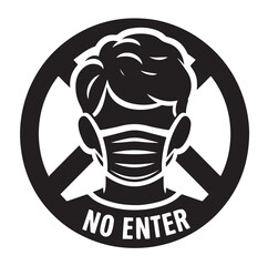 No entry without facemask. Warning sign for notice people, beware and wear face mask before enter area. Man, facemask required, coronavirus icon vector illustration