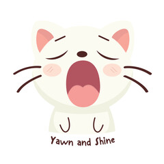 Kawaii white cat yawning with typography of yawn and shine illustration vector