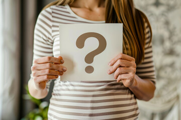 A pregnant woman holding a question mark poster