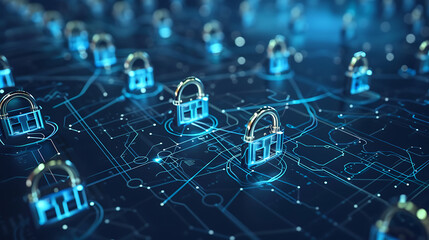 Glowing digital lock icon on a vibrant electronic circuit board represents online security and data protection