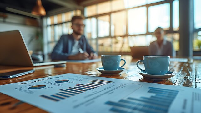 A photographic style of two financial analysts collaborating on financial reports, minimalist modern office, natural light from large windows, analytical expressions, coffee cups on the desk.