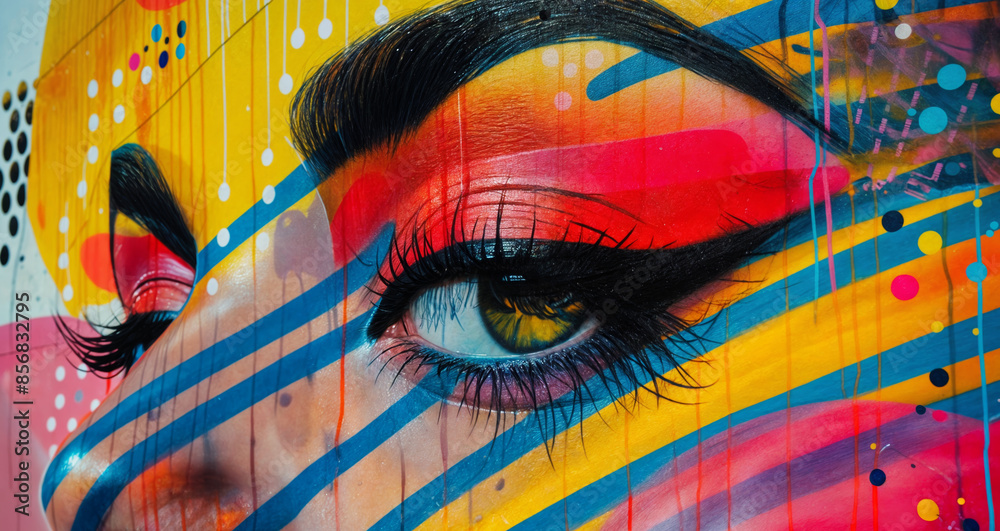 Wall mural Closeup of a vibrant female face with bold colors in street art mural, showcasing modern urban graffiti style and dynamic creativity