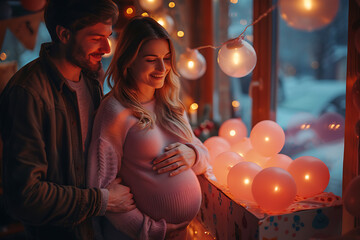 A gender reveal party scene with a pregnant woman and her partner, excitedly waiting for pink or blue confetti to burst from the box
