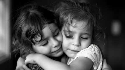 A tight hug conveys the unbreakable connection between siblings even through tough times. Black and white art