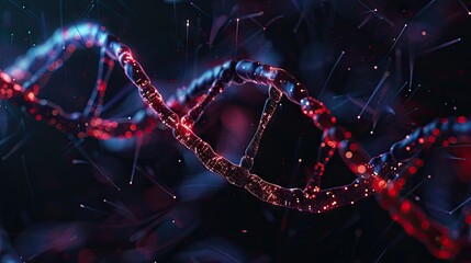 Pink-blue double strand of dna strands on a black background with neon glow.The concept of science and technology. Technology and research.