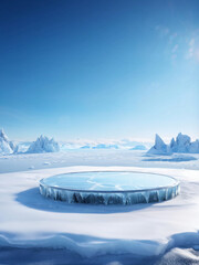 Ice background podium cold winter snow product platform floor frozen mountain iceberg.Podium glacier cool ice background stage landscape display icy stand 3d water nature pedestal arctic concept cave	