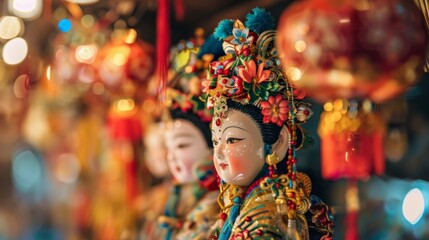 Muted colors and indistinguishable details of festive costumes and props.