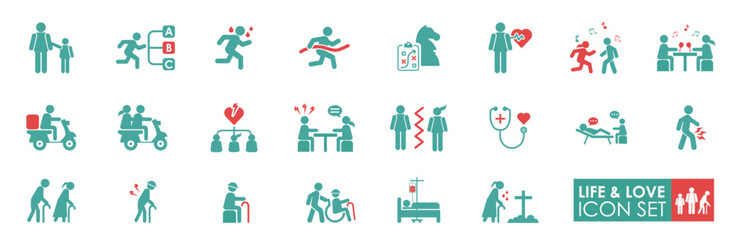 Life and Love, Solid icon set, friendship, care, and lifetime concept on a white background