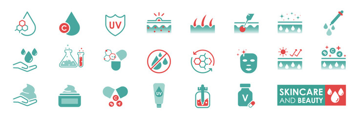 Skincare Icon Set. Solid icon set—Dermatology Medical Skin Care, Skin Examination, Lifting, Bath, Face Mask, etc.