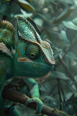 A close-up shot of a chameleon perched on a branch, looking straight ahead