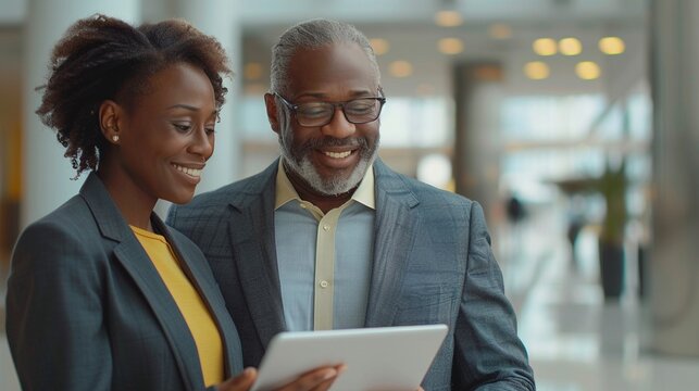 Smiling african american assistant showing tablet to elderly man ceo image copy space. Happy black businesspeople banner background blurred. Commerce concept photography copyspace