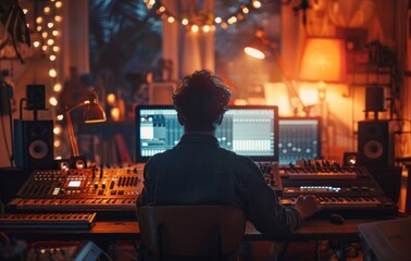 Back view of young man recording a music show at home, man recording a podcast at home