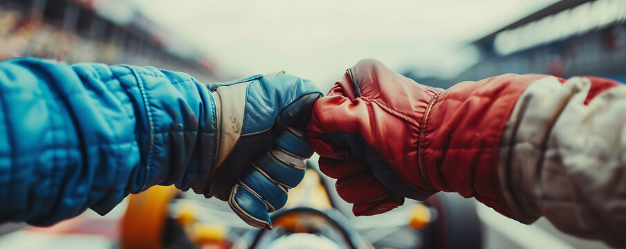 A close-up shot of two race car drivers' gloved hands bumping fists team work in world of racing.