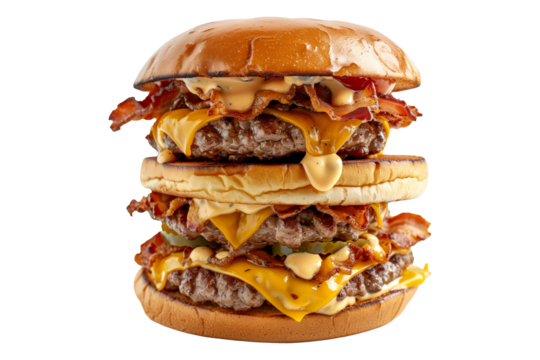 Double or Triple Burger with black beans, vegetables and spices isolated on transparent white background
