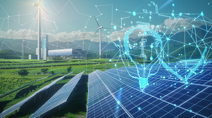 The digital computer display showed a grid of blue digital lines and green icons on it. In the background was an electric power station surrounded by solar panels