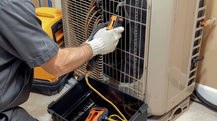 An HVAC technician in gloves is using a multimeter on a disassembled HVAC unit, surrounded by tools