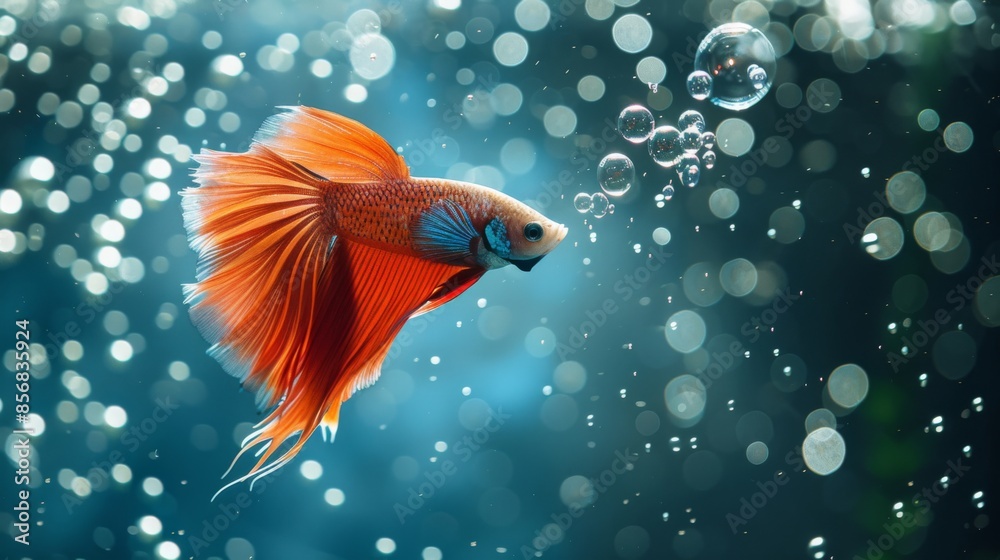 Poster a betta fish blowing a bubble nest at the water surface, a natural behavior in a well-maintained tan