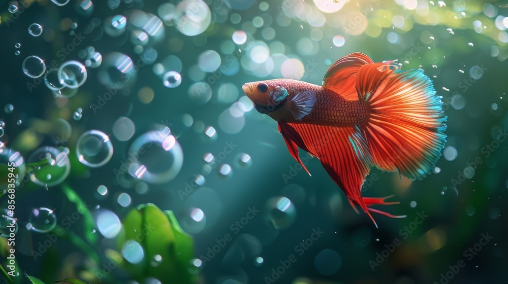 Poster a betta fish blowing a bubble nest at the water surface, a natural behavior in a well-maintained tan
