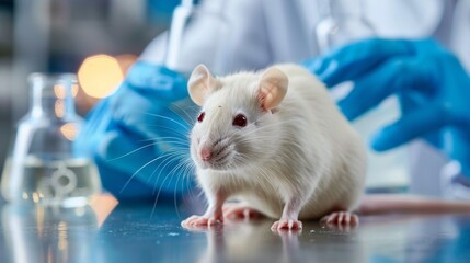 white laboratory rat close-up, in the background the hands of a scientist in blue medical gloves hold flasks with chemicals